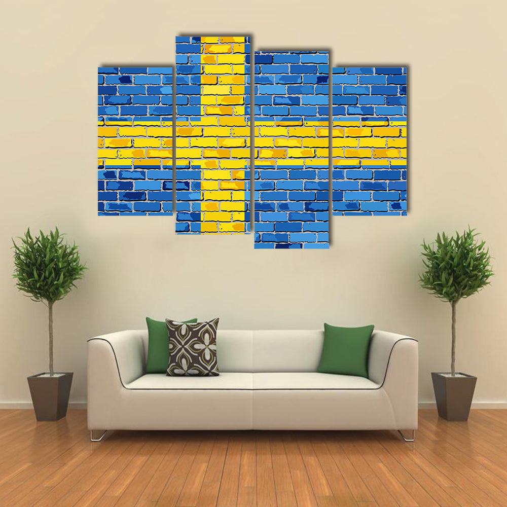 Flag Of Sweden On A Brick Wall Multi Panel Canvas Wall Art
