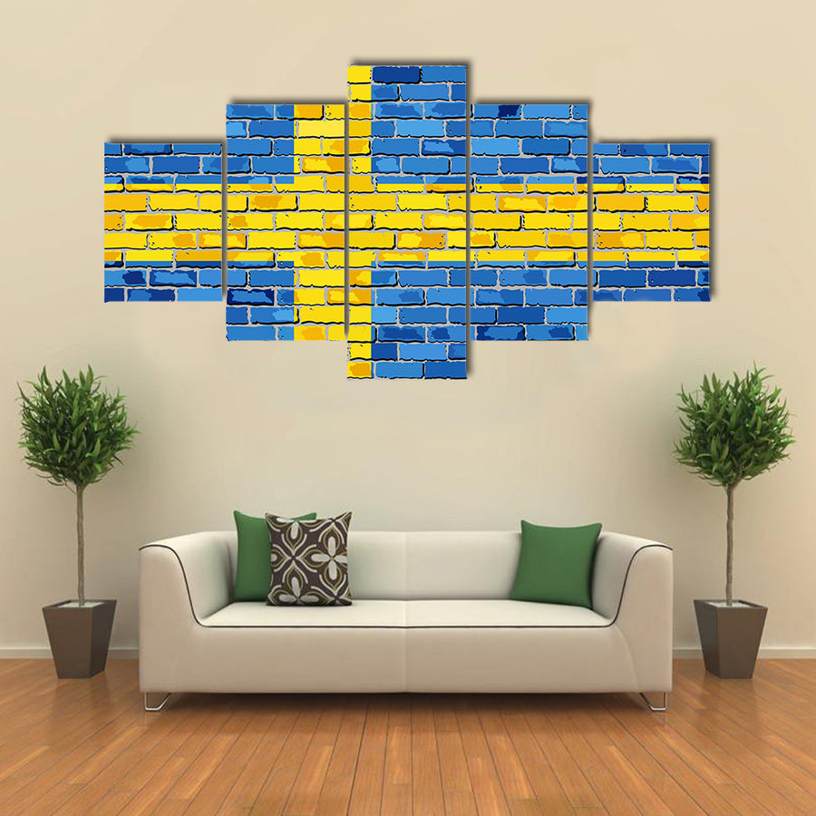 Flag Of Sweden On A Brick Wall Multi Panel Canvas Wall Art