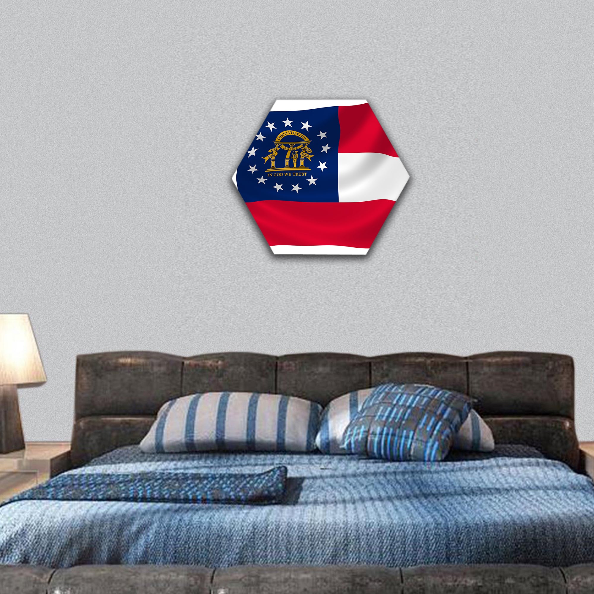Illustration of Georgia state flag waving in the wind hexagonal canvas wall art
