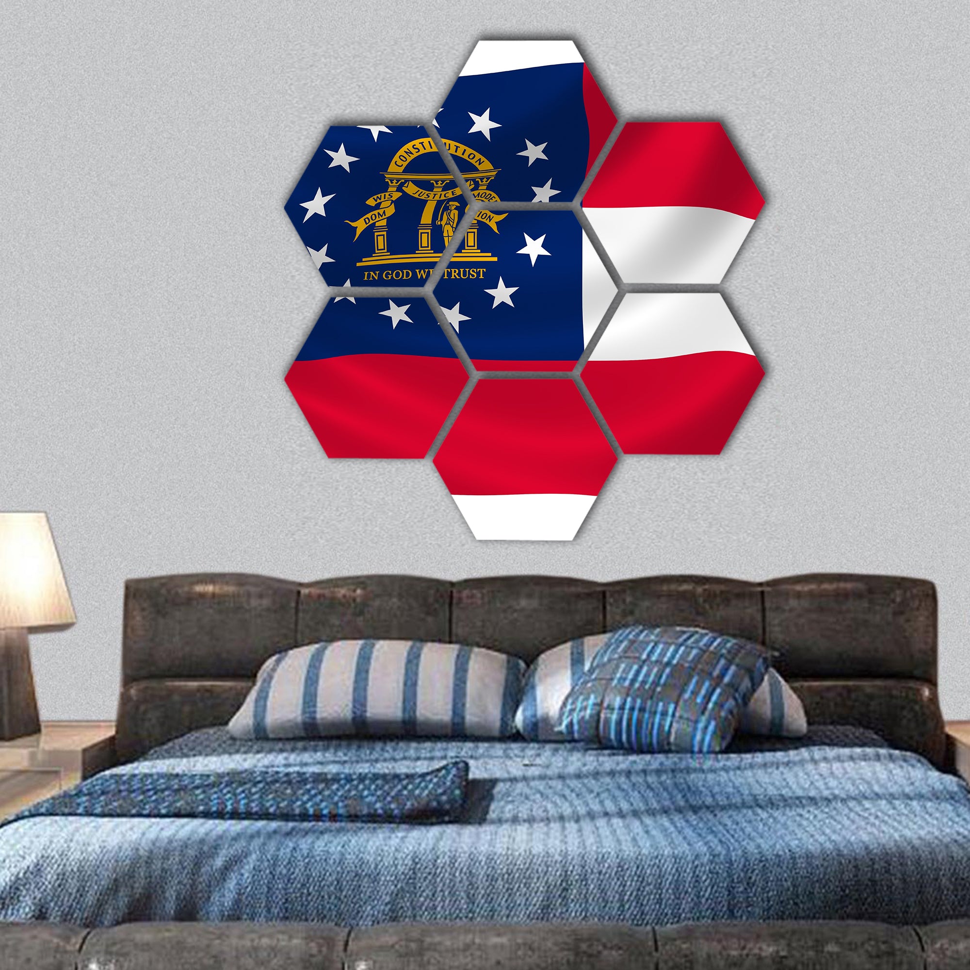 Illustration of Georgia state flag waving in the wind hexagonal canvas wall art