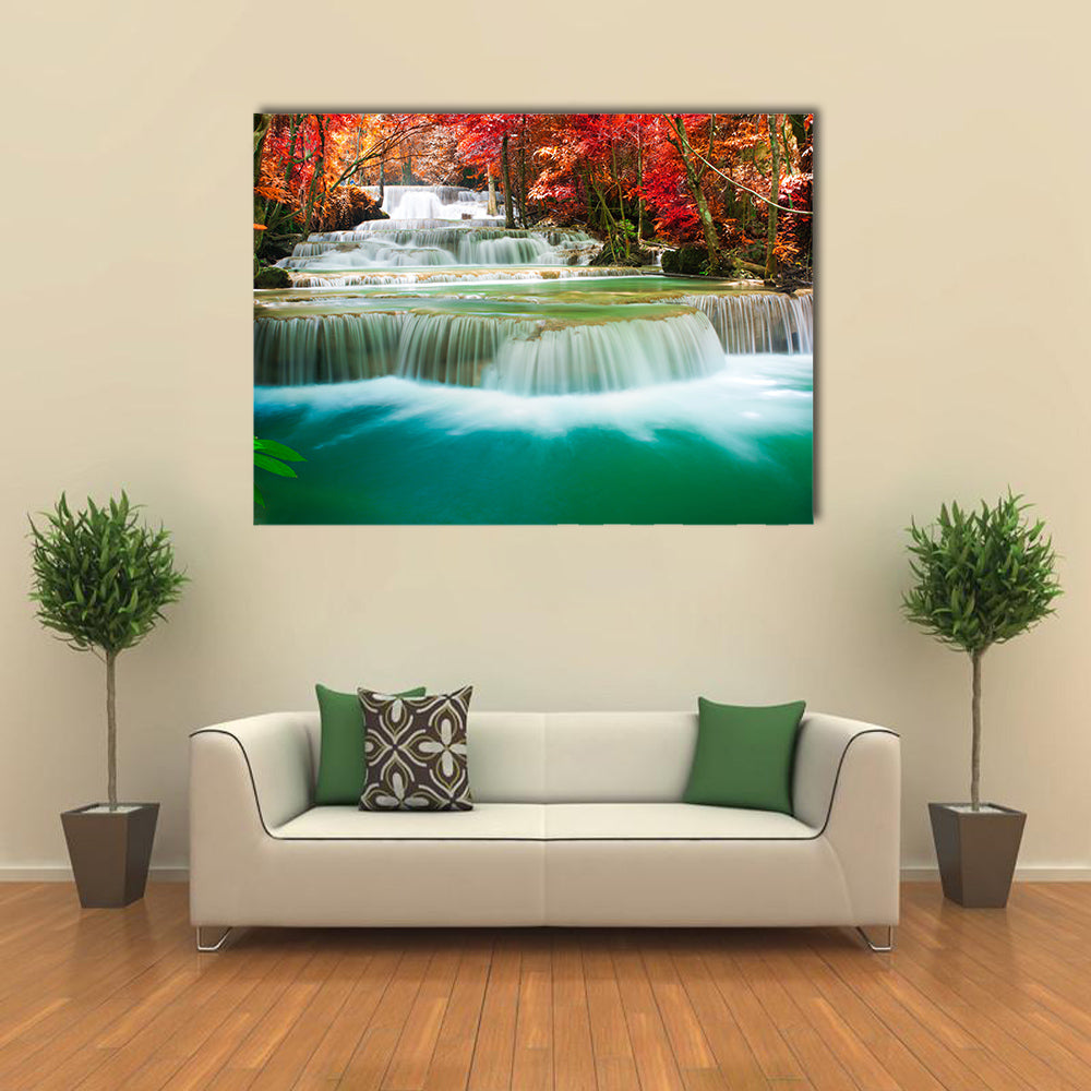 Beautiful waterfall in autumn tree forest multi panel canvas wall art