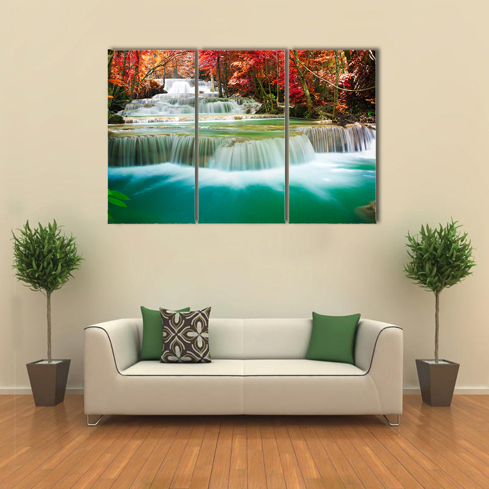 Beautiful waterfall in autumn tree forest multi panel canvas wall art