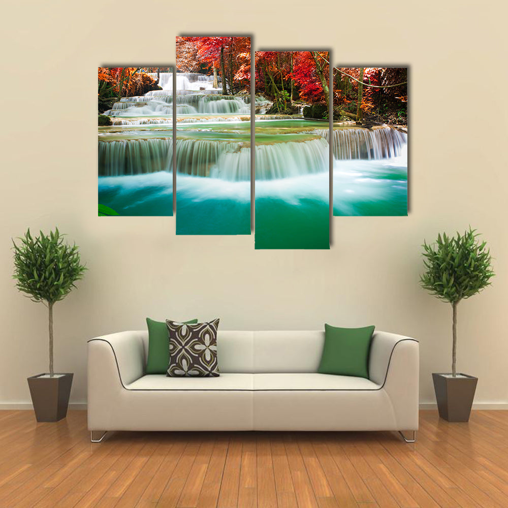 Beautiful waterfall in autumn tree forest multi panel canvas wall art