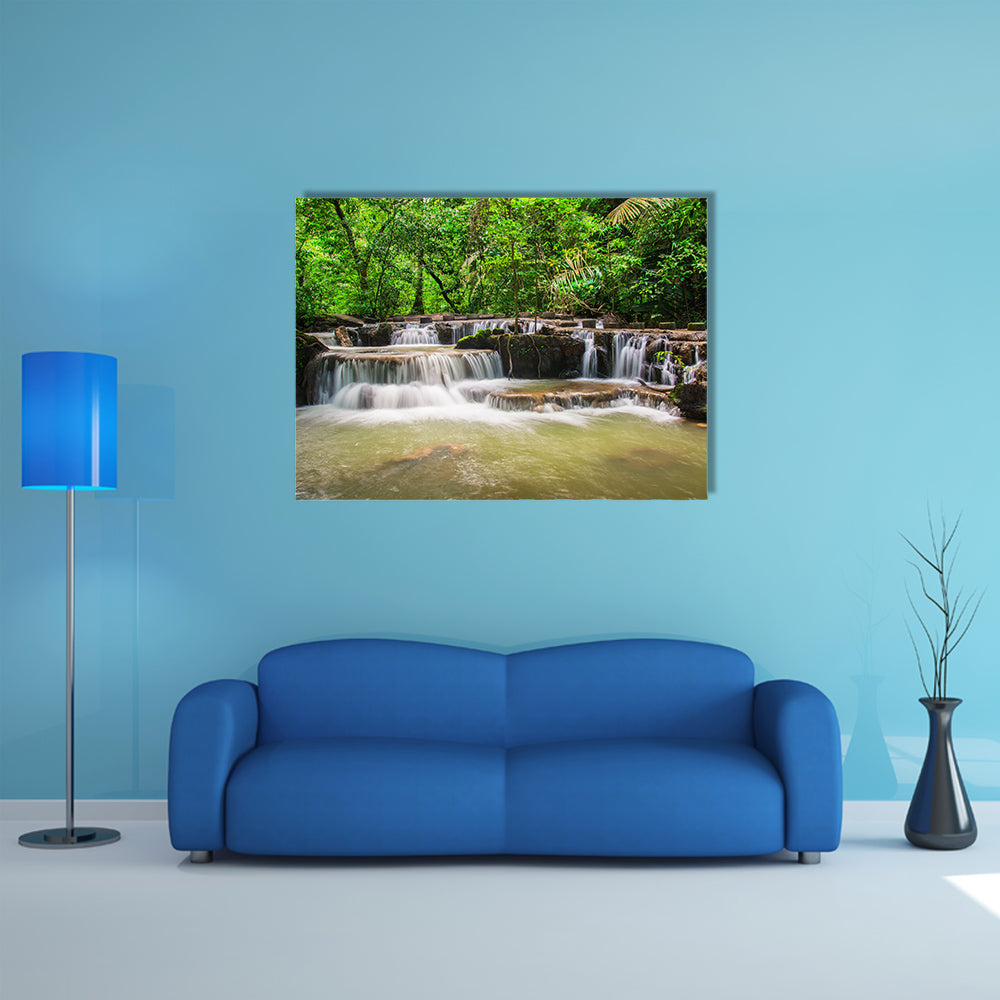 View of Waterfall in the forest multi panel canvas wall art
