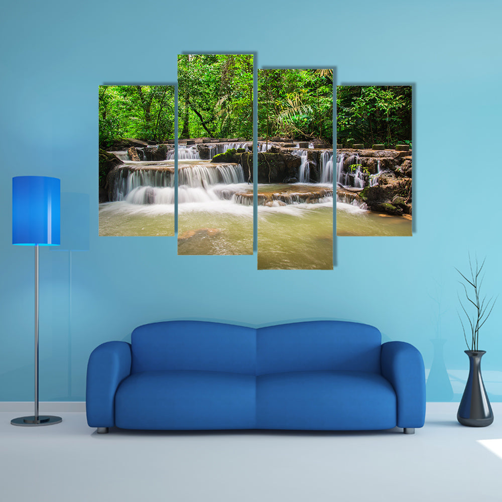 View of Waterfall in the forest multi panel canvas wall art