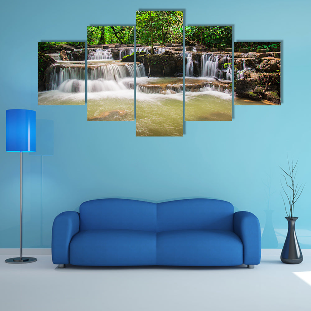 View of Waterfall in the forest multi panel canvas wall art