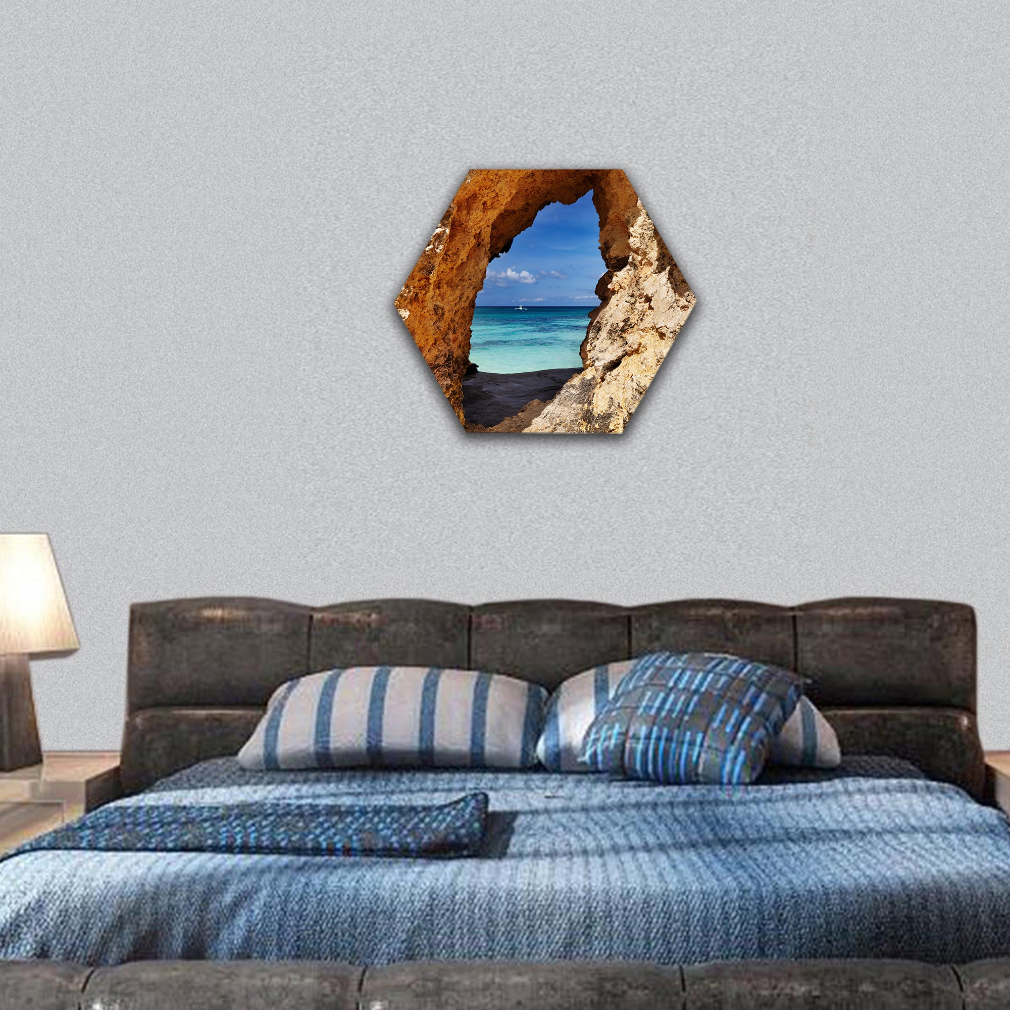 Tropical beach, view through a hole in the rock, Boracay island, hexagonal canvas wall art