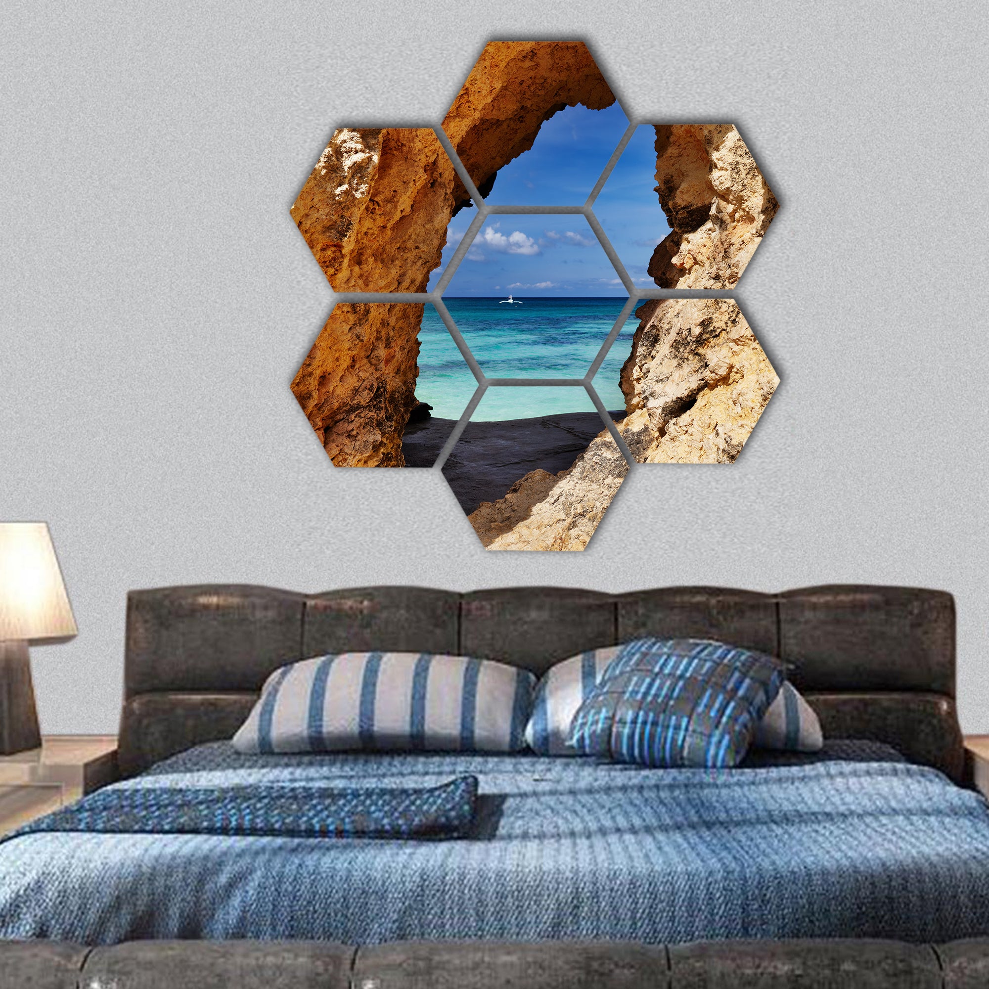 Tropical beach, view through a hole in the rock, Boracay island, hexagonal canvas wall art