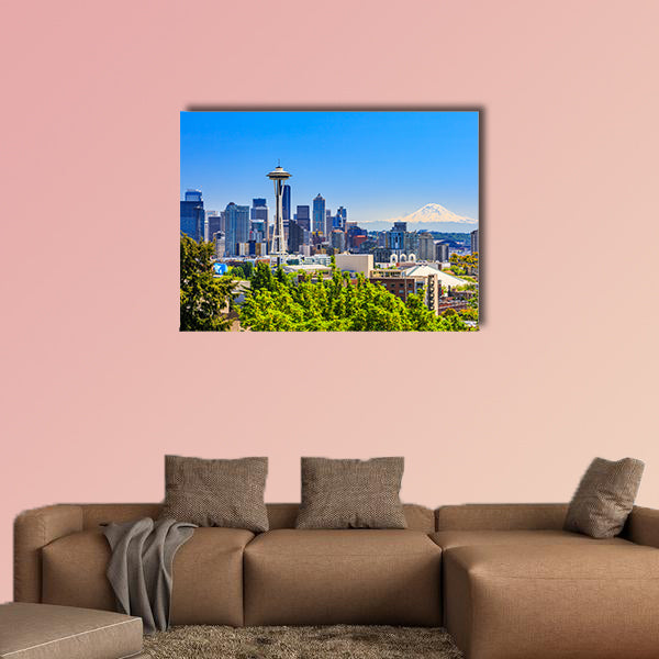 Seattle downtown skyline and Mt. Rainier, Washington. Multi panel canvas wall art