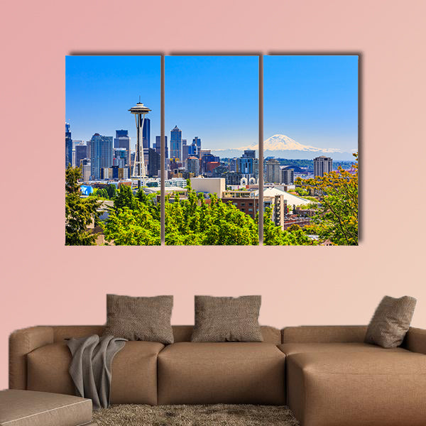 Seattle downtown skyline and Mt. Rainier, Washington Multi panel canvas wall art