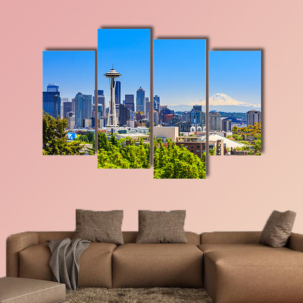 Seattle downtown skyline and Mt. Rainier, Washington. Multi panel canvas wall art