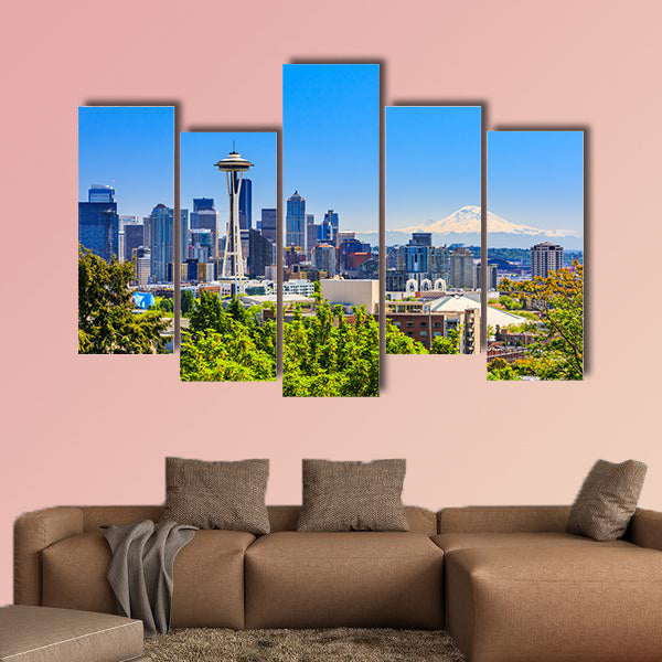 Seattle downtown skyline and Mt. Rainier, Washington. Multi panel canvas wall art