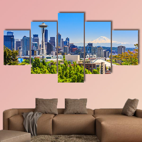 Seattle downtown skyline and Mt. Rainier, Washington Multi panel canvas wall art