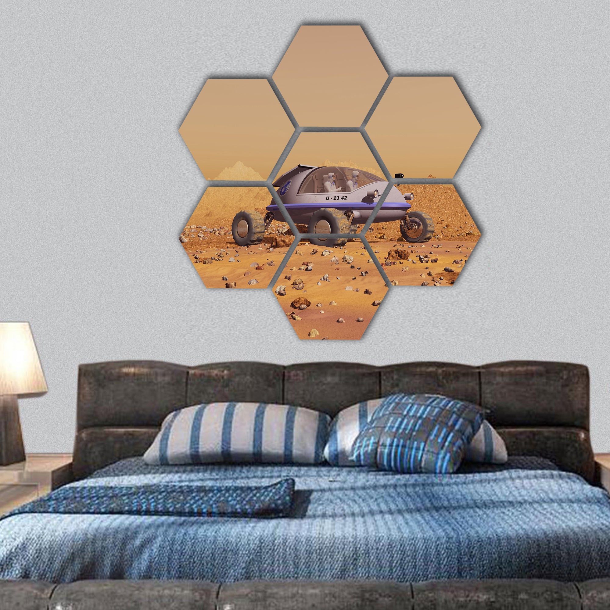 Human vehicle on Mars hexagonal canvas wall art