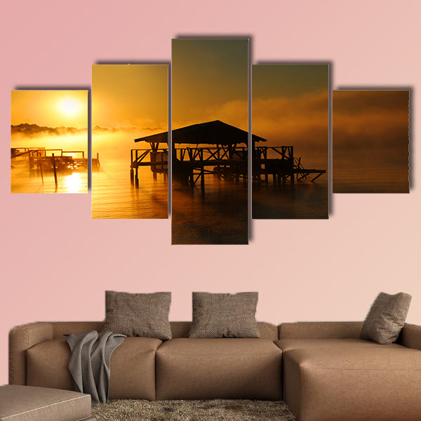 Early morning mist rises from Lake Chicot in Lake Village, Arkansas multi panel canvas wall art