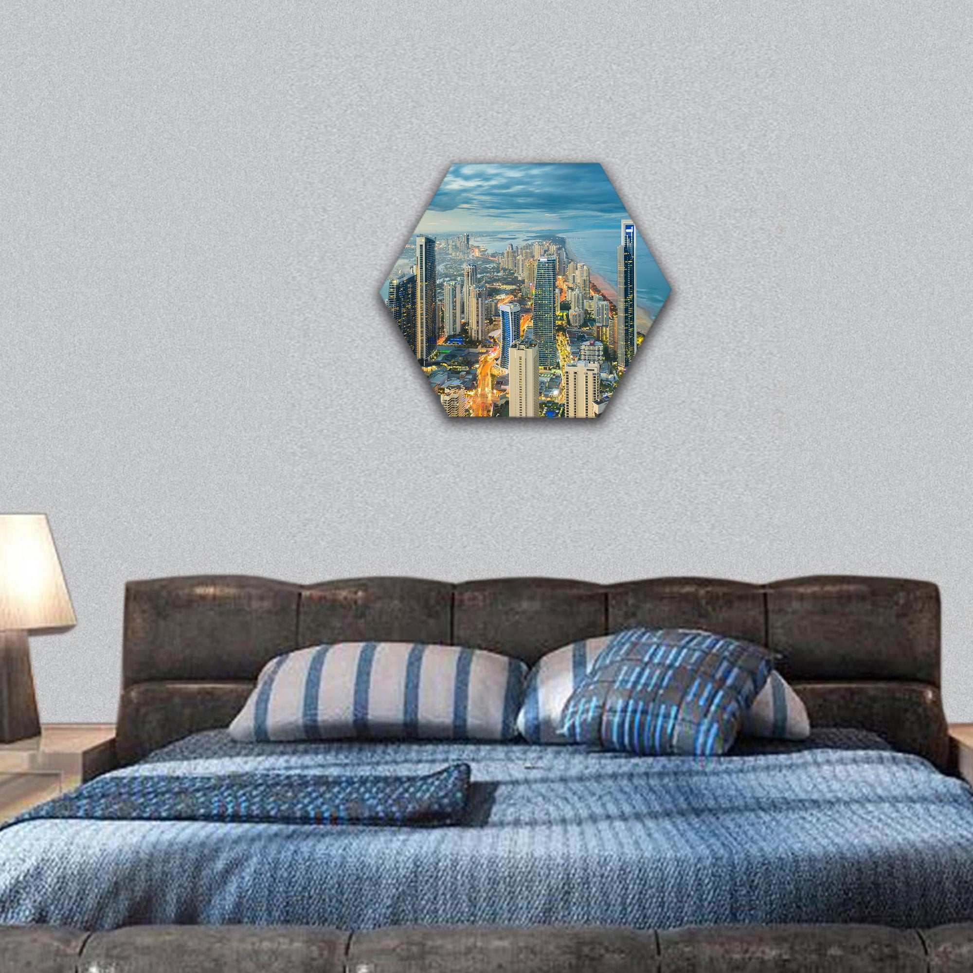 Aerial view of modern buildings with light trail at riverside hexagonal canvas wall art