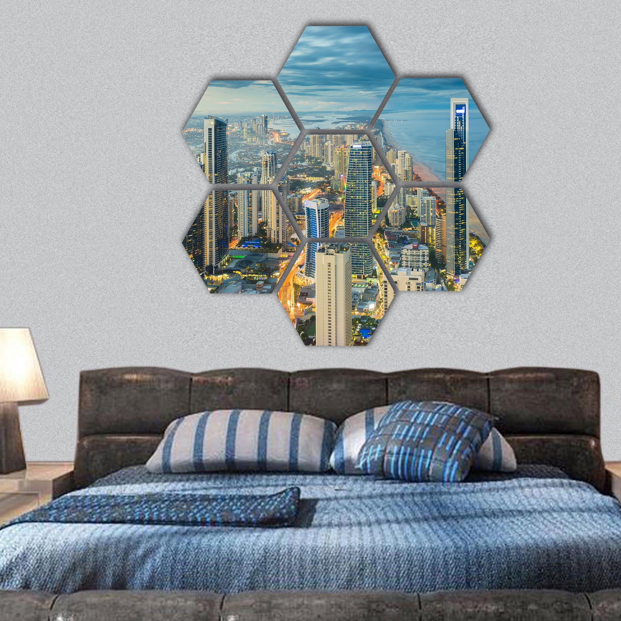 Aerial view of modern buildings with light trail at riverside hexagonal canvas wall art