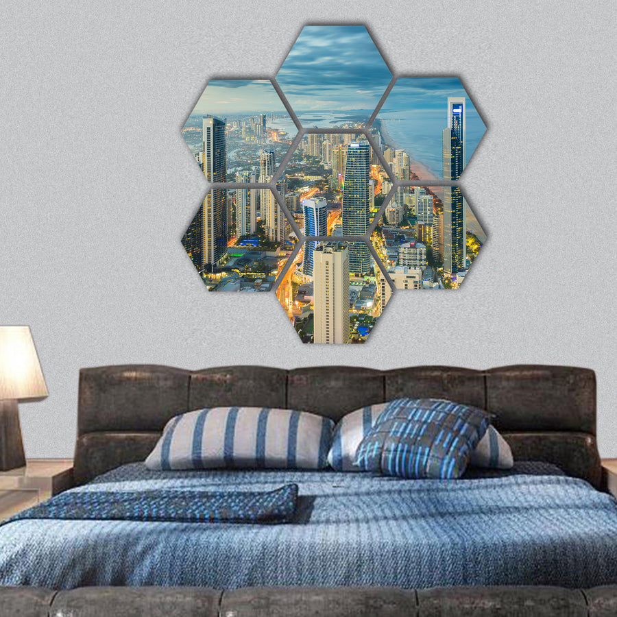 Aerial view of modern buildings with light trail at riverside hexagonal canvas wall art