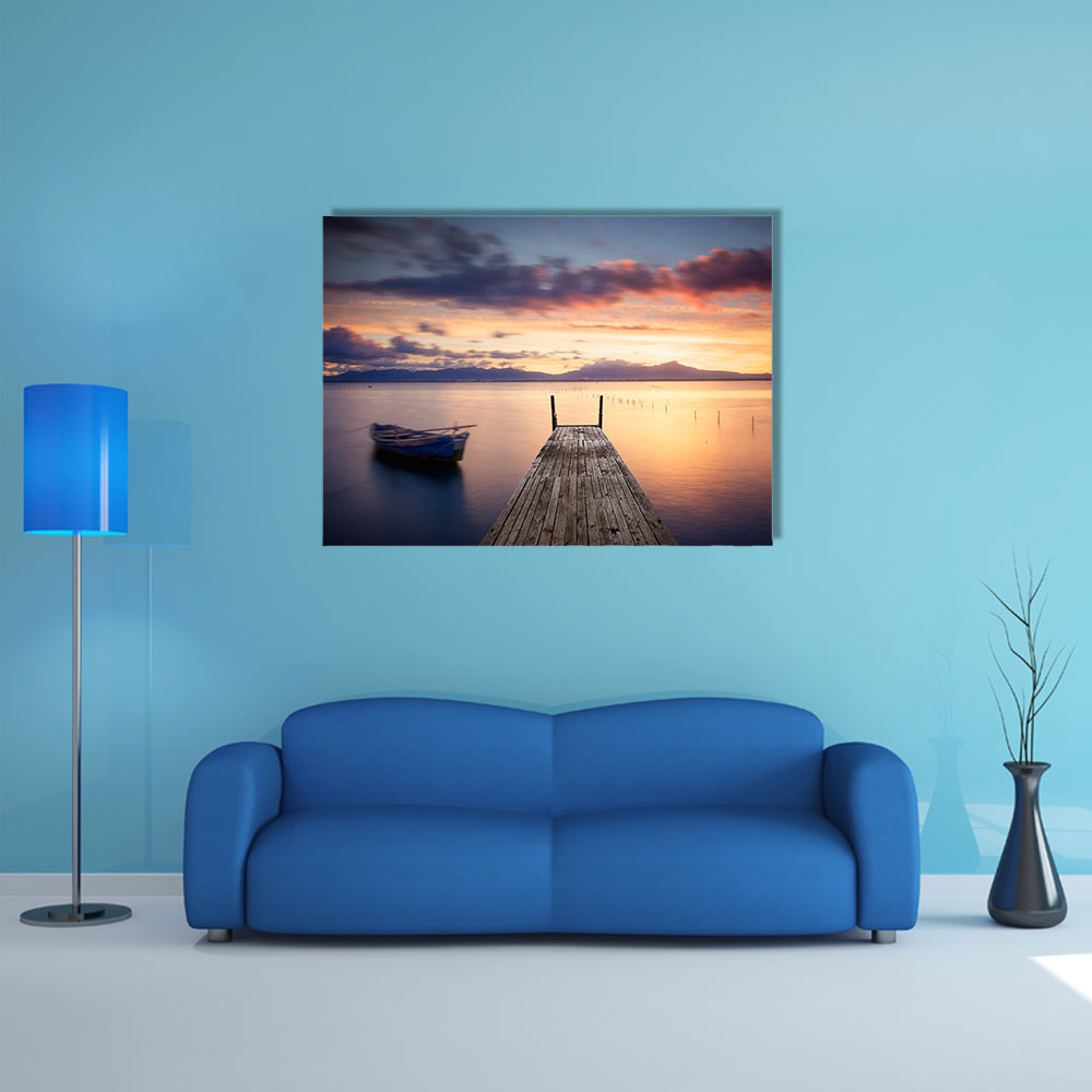 The Pier With Fishing Vessel At Sunset Multi Panel Canvas Wall Art
