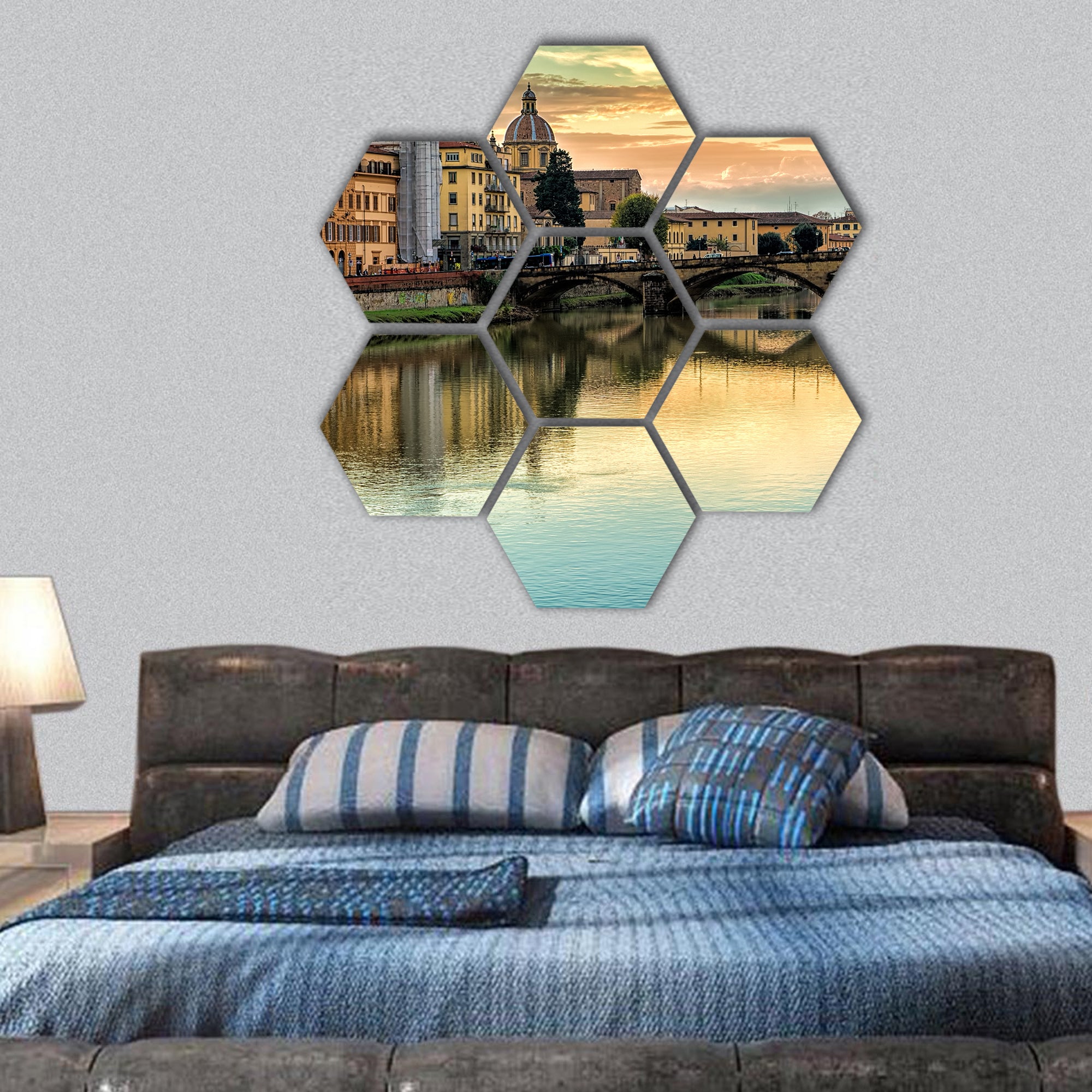 five-arched bridge spanning the River Arno hexagonal canvas wall art