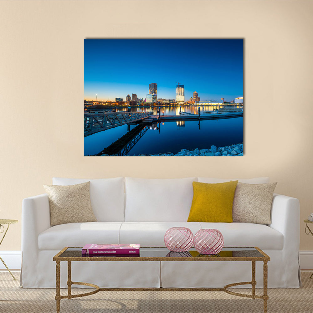 The Milwaukee Skyline At Twilight With City Reflection Multi Panel Canvas Wall Art
