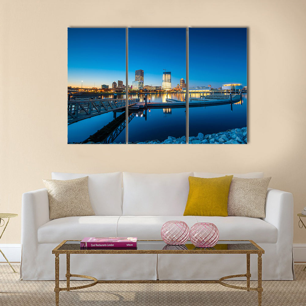 The Milwaukee Skyline At Twilight With City Reflection Multi Panel Canvas Wall Art