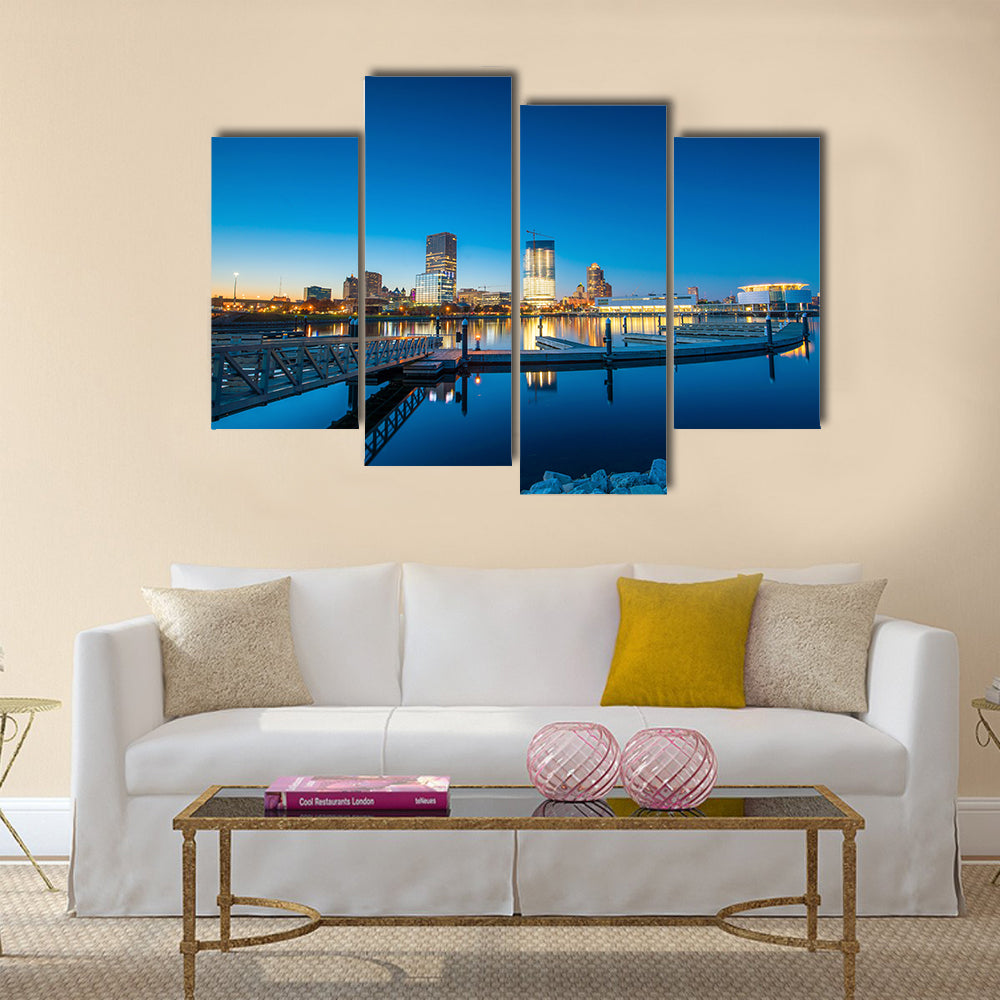 The Milwaukee Skyline At Twilight With City Reflection Multi Panel Canvas Wall Art