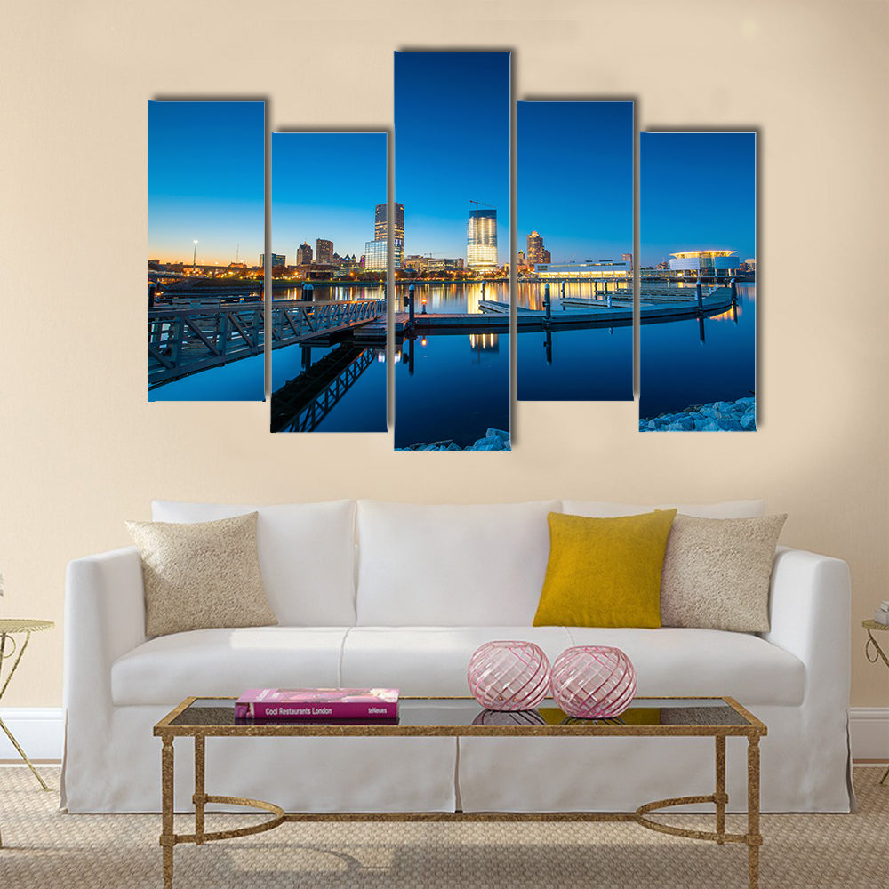 The Milwaukee Skyline At Twilight With City Reflection Multi Panel Canvas Wall Art