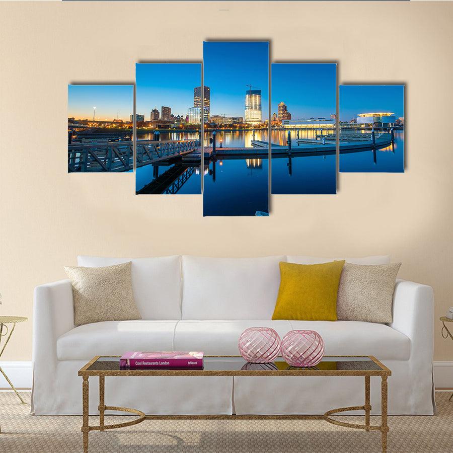 The Milwaukee Skyline At Twilight With City Reflection Multi Panel Canvas Wall Art