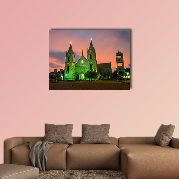 Illuminated St Sebastian Cathedral with sunset sky canvas wall art