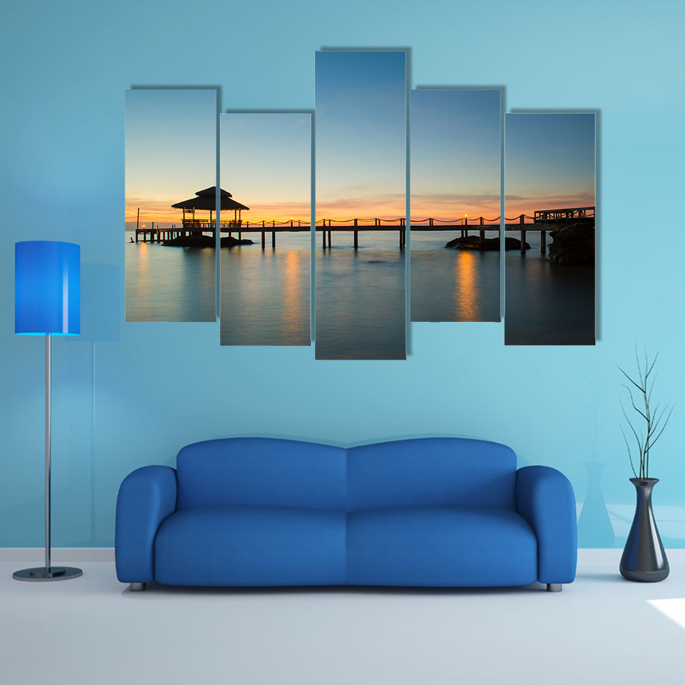 Wooden pier between sunset in Phuket, Thailand multi panel canvas wall art