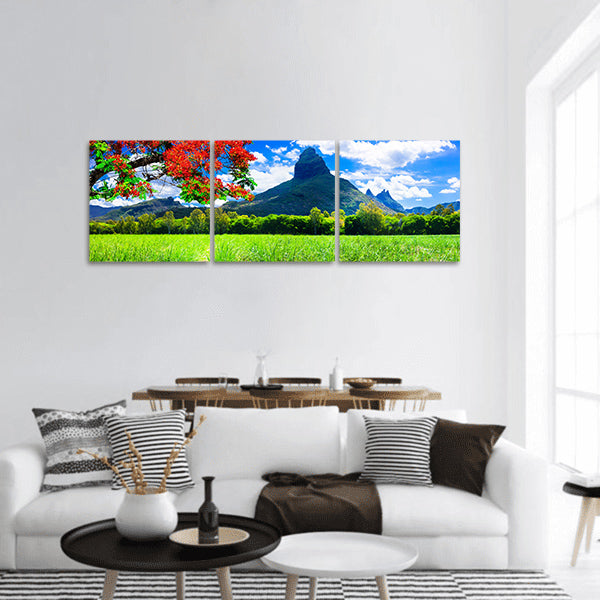 Mountain landscapes of Mauritius island with red tree Panoramic canvas Wall Art