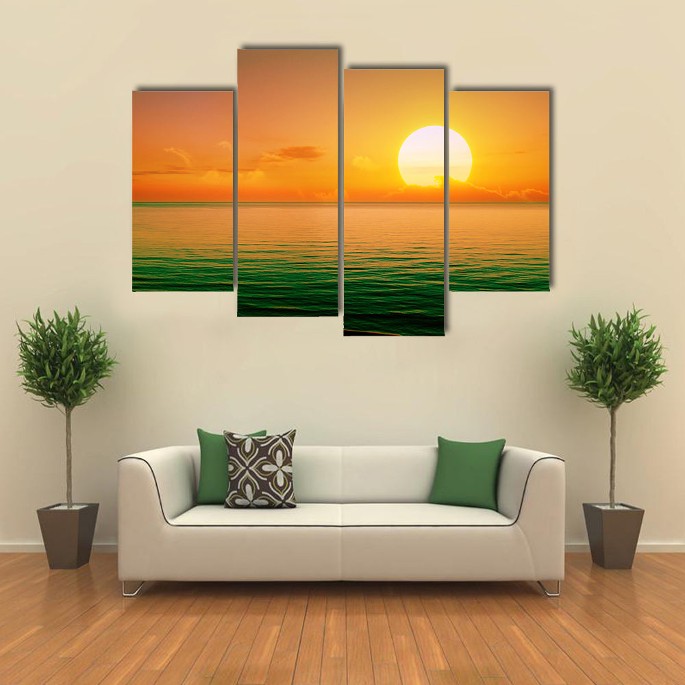 The Sunset Scene Over The Sea With Amazing Reflecting Color In The Water, Multi Panel Canvas Wall Art