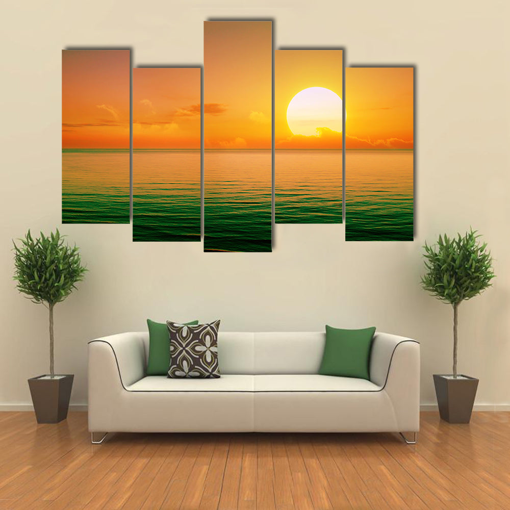 The Sunset Scene Over The Sea With Amazing Reflecting Color In The Water, Multi Panel Canvas Wall Art