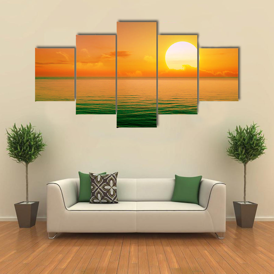 The Sunset Scene Over The Sea With Amazing Reflecting Color In The Water, Multi Panel Canvas Wall Art