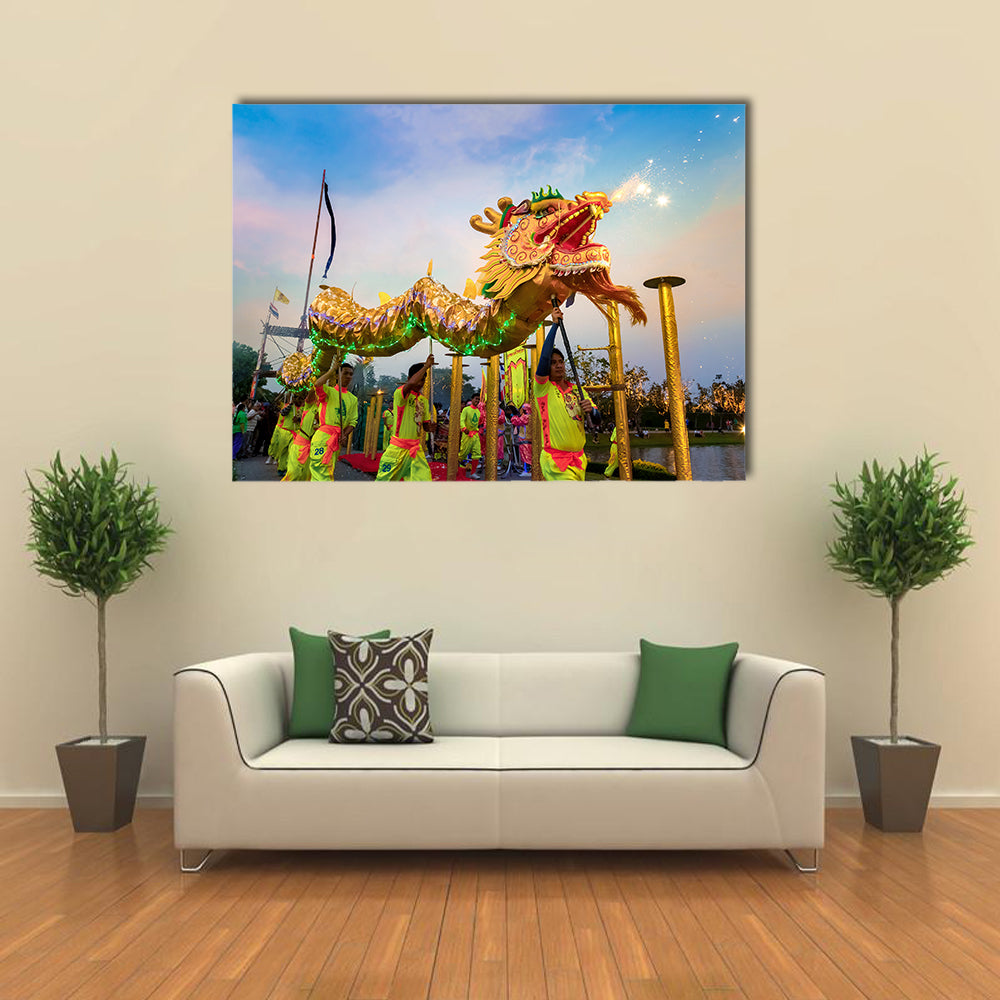 BANGKOK, THAILAND - A group of people perform a dragon dance during Chinese new year's celebration Multi Panel Canvas Wall Art