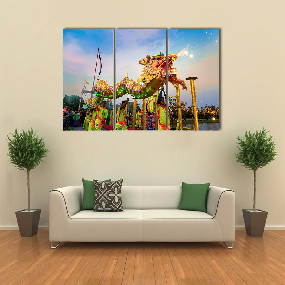 BANGKOK, THAILAND - A group of people perform a dragon dance during Chinese new year's celebration Multi Panel Canvas Wall Art