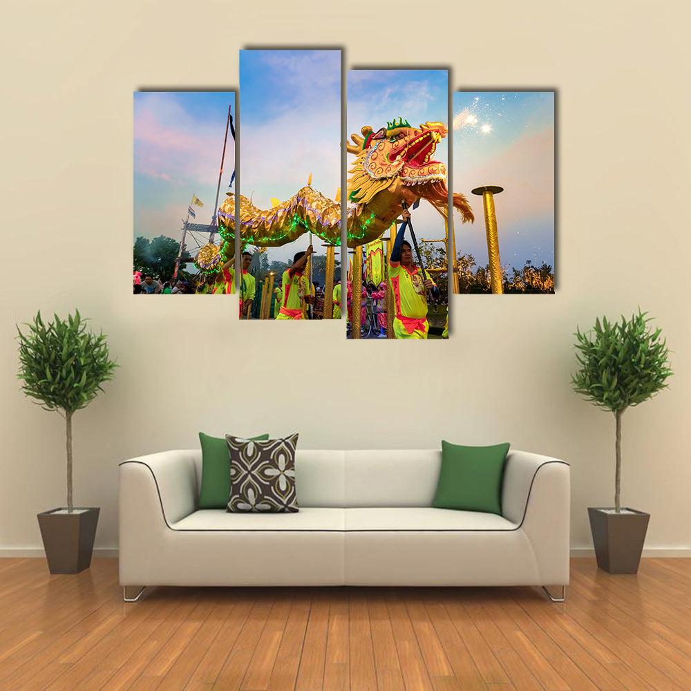 BANGKOK, THAILAND - A group of people perform a dragon dance during Chinese new year's celebration Multi Panel Canvas Wall Art