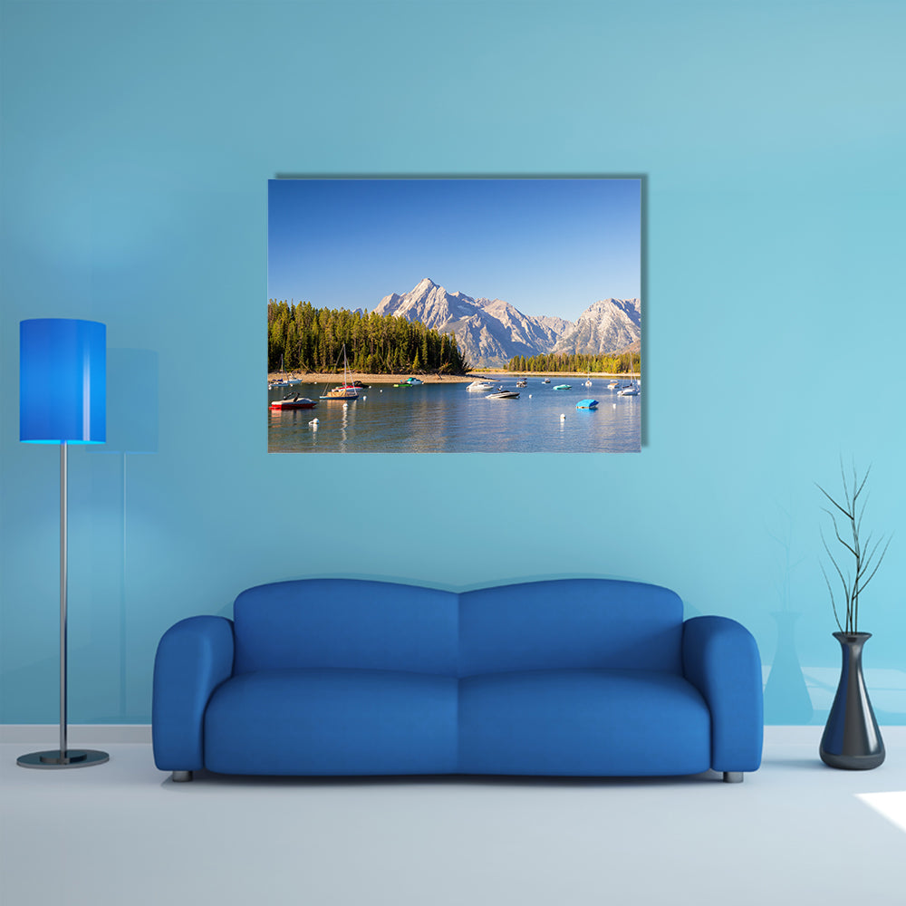 The Boats In The Colter Bay With The Teton Mountain Range Teton National Park Multi Panel Canvas Wall Art
