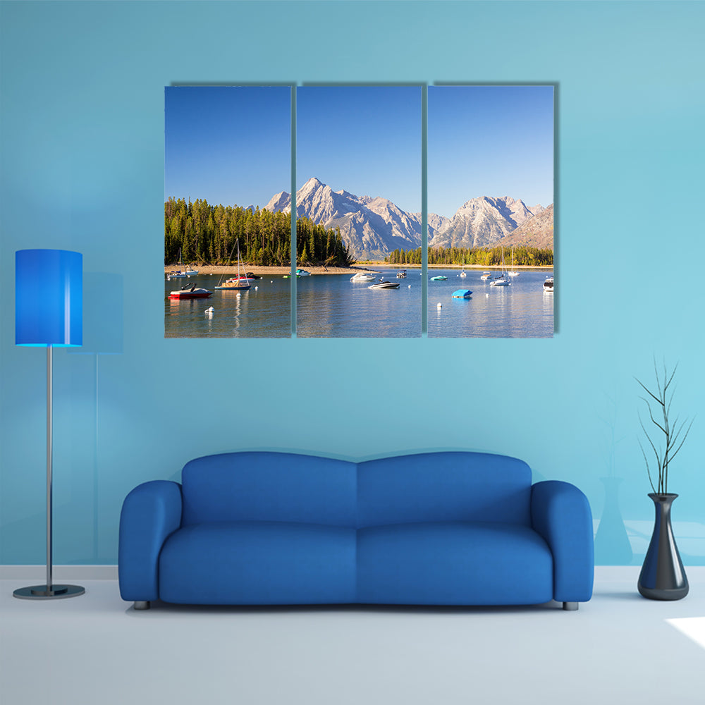 The Boats In The Colter Bay With The Teton Mountain Range Teton National Park Multi Panel Canvas Wall Art