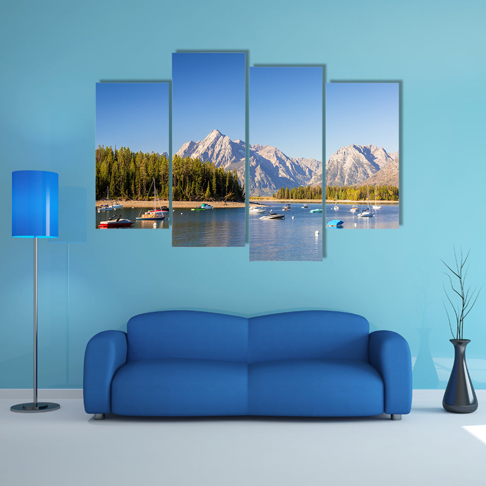 The Boats In The Colter Bay With The Teton Mountain Range Teton National Park Multi Panel Canvas Wall Art