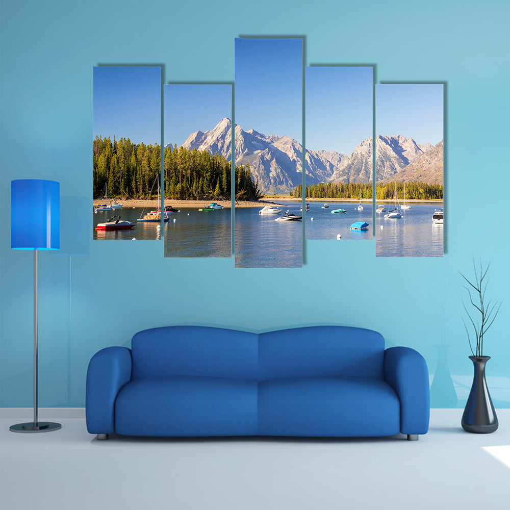 The Boats In The Colter Bay With The Teton Mountain Range Teton National Park Multi Panel Canvas Wall Art