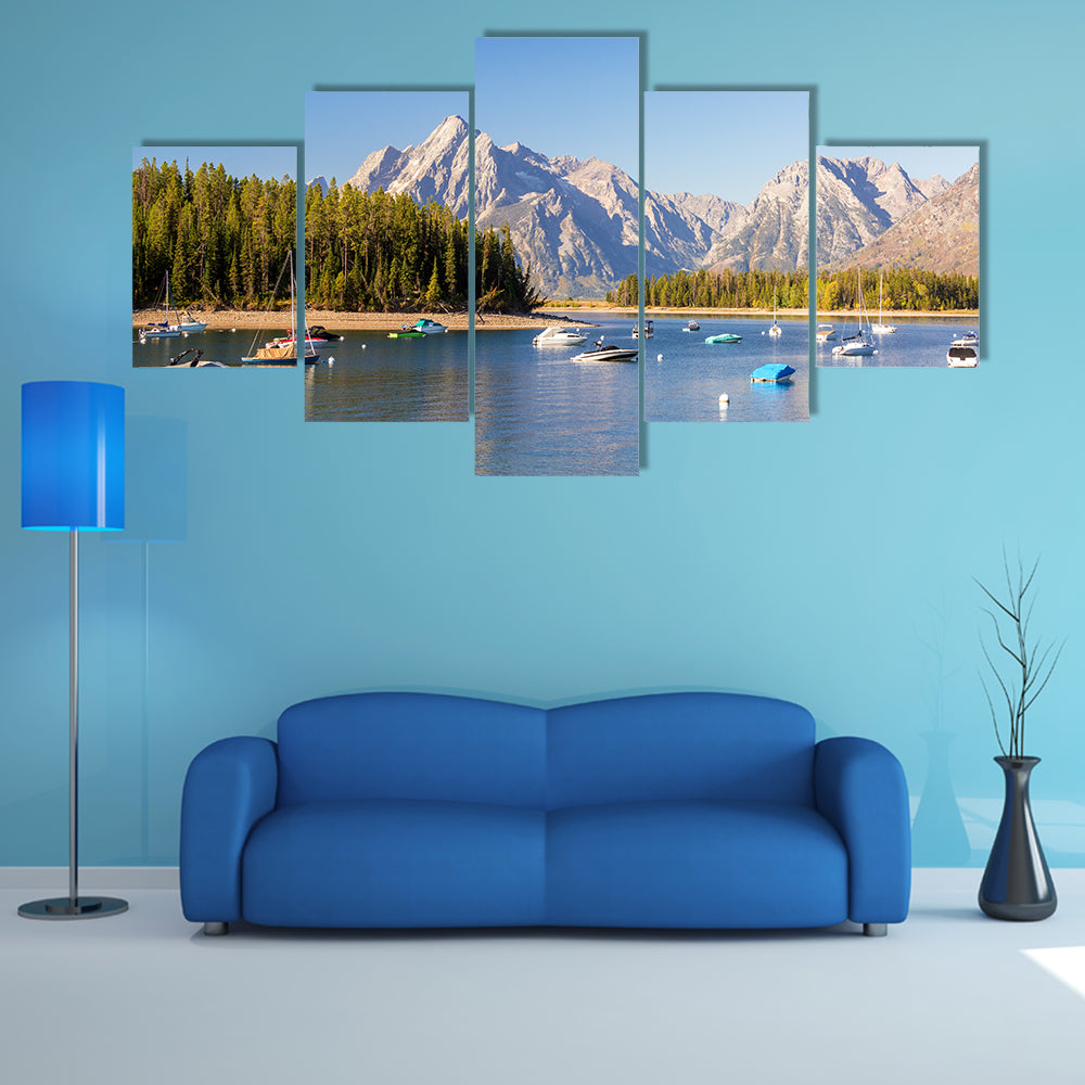 The Boats In The Colter Bay With The Teton Mountain Range Teton National Park Multi Panel Canvas Wall Art