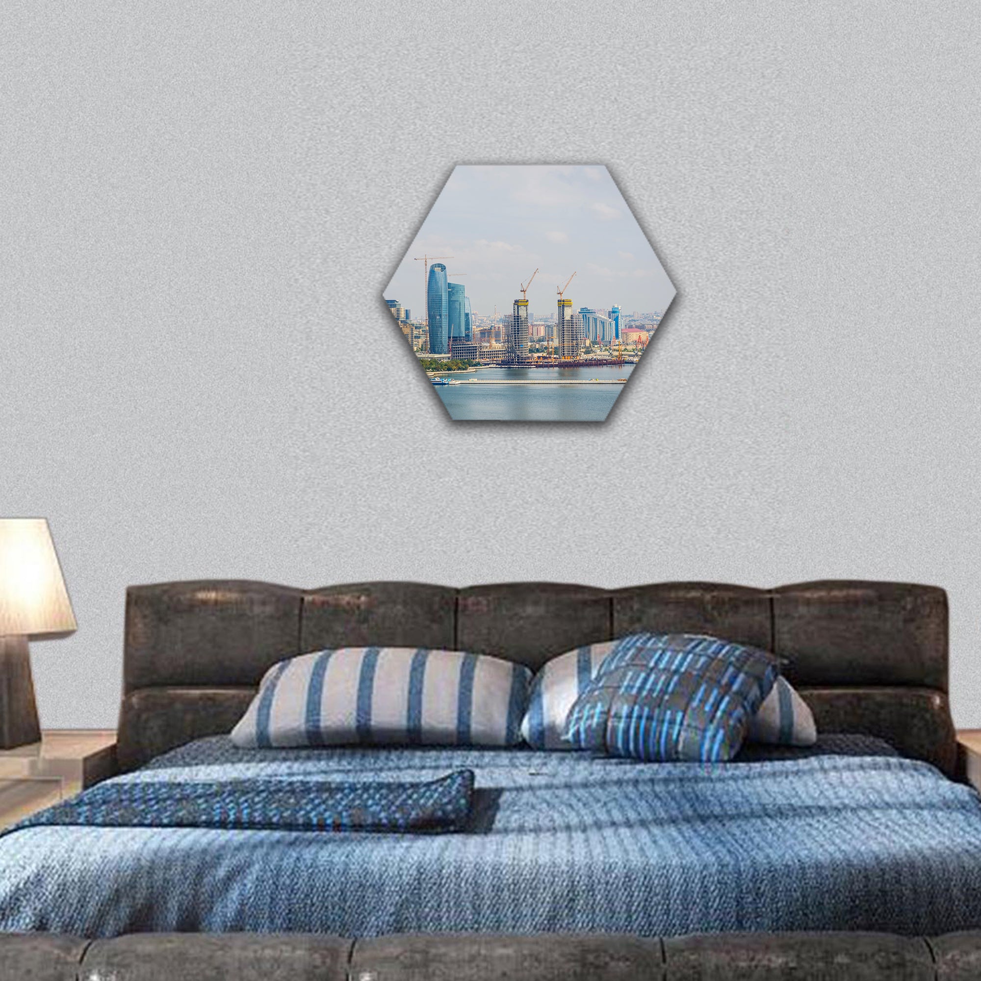 View over Baku skyline with Caspian sea, Azerbaijan hexagonal canvas wall art