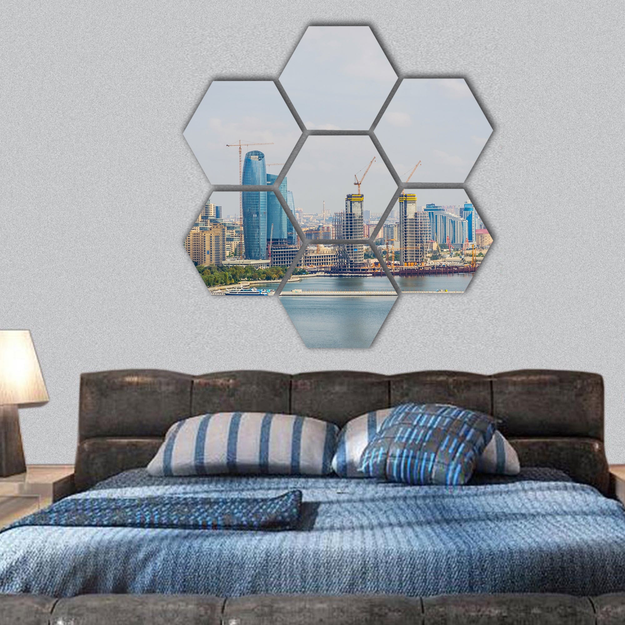 View over Baku skyline with Caspian sea, Azerbaijan hexagonal canvas wall art