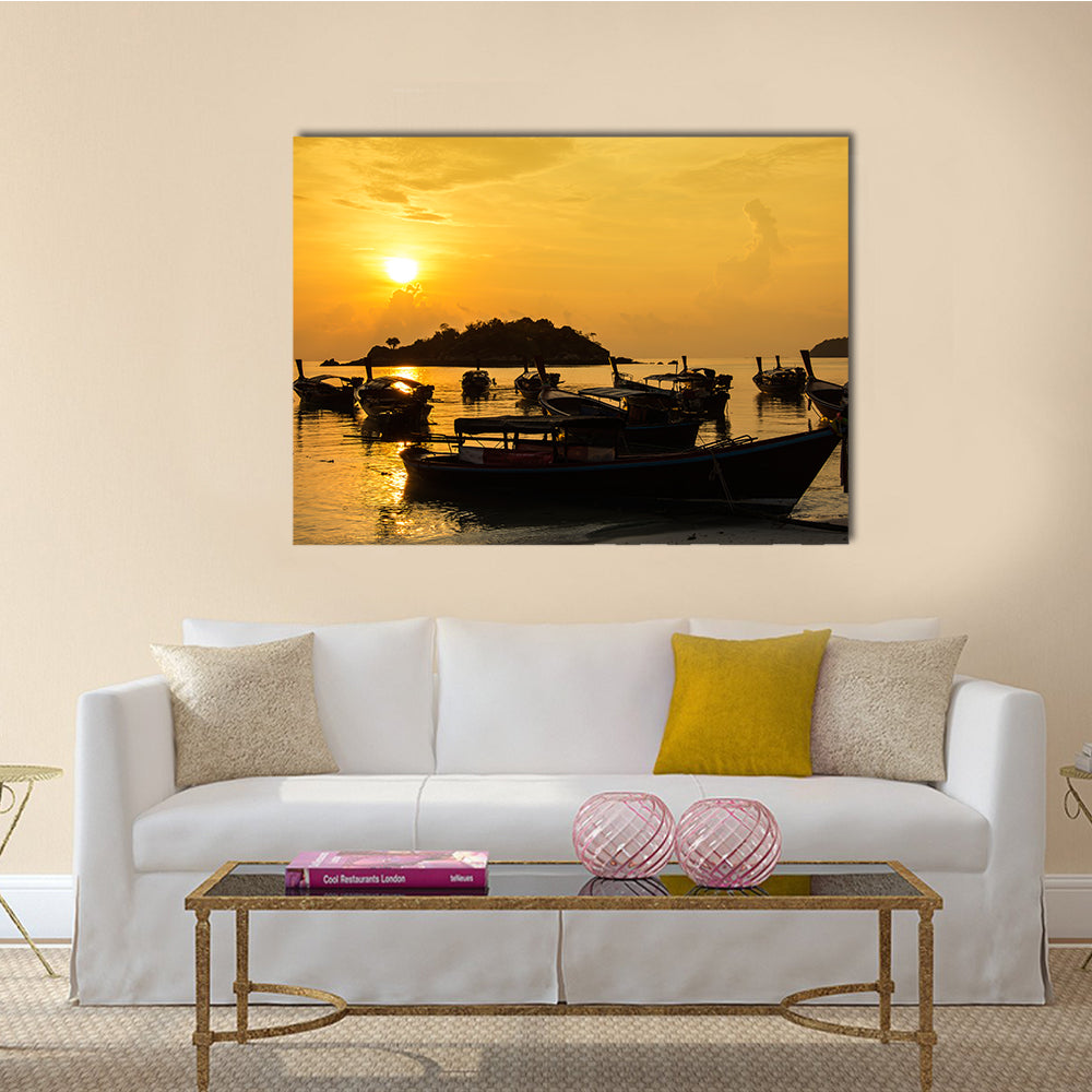 Silhouette Sea Sunlight Fishboat, Multi Panel Canvas Wall Art