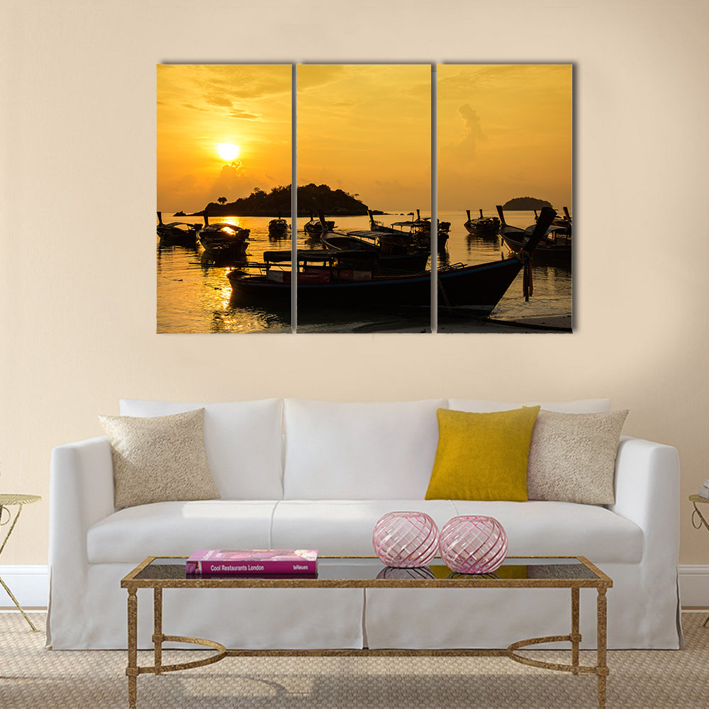 Silhouette Sea Sunlight Fishboat, Multi Panel Canvas Wall Art
