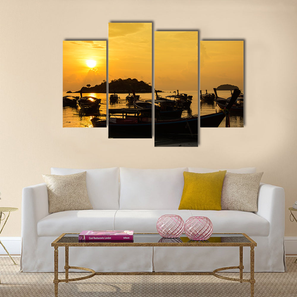 Silhouette Sea Sunlight Fishboat, Multi Panel Canvas Wall Art