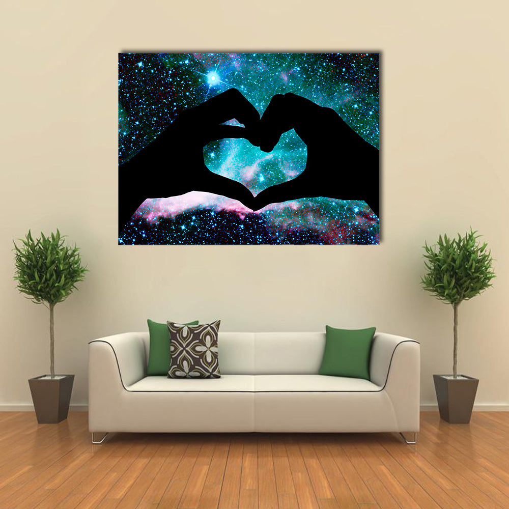 Hands in the shape of a heart, starry night background multi panel canvas wall art