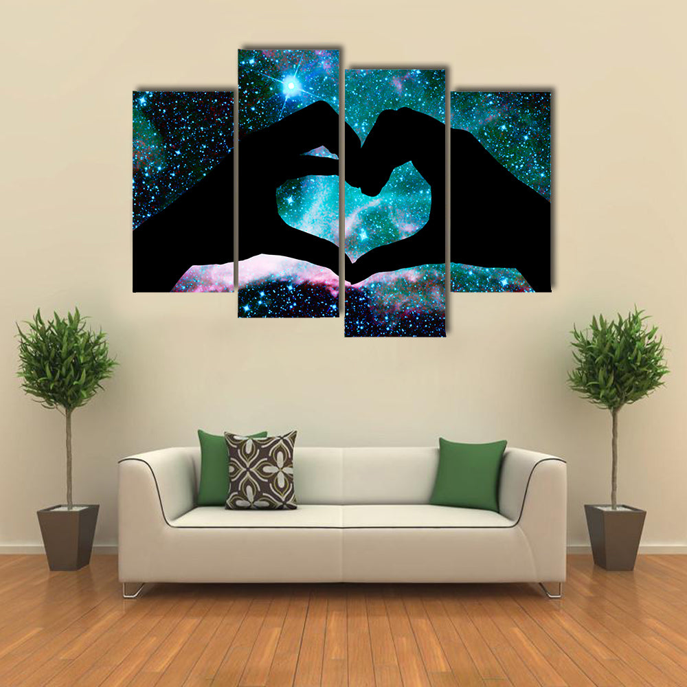 Hands in the shape of a heart, starry night background multi panel canvas wall art